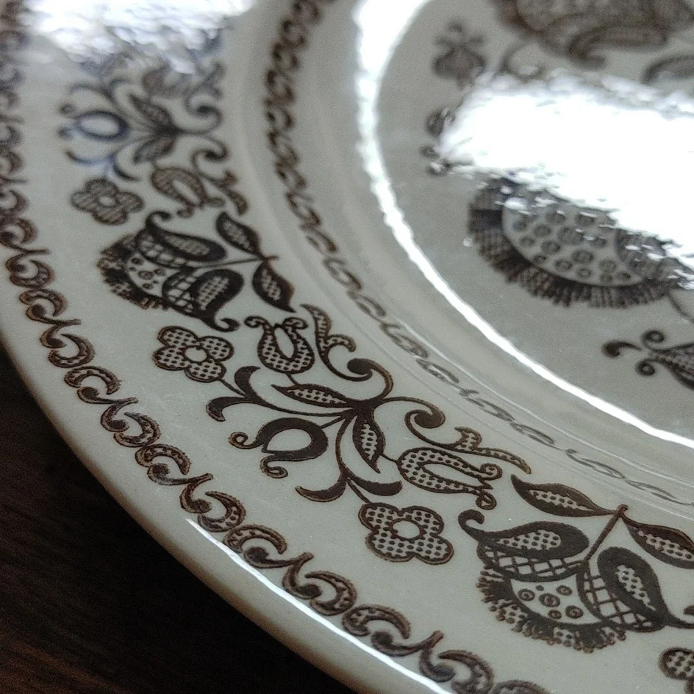 4 Dinner Plates Vintage Royal Wellesley Folkart Flower Brown & Ivory